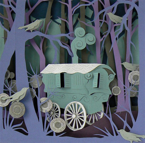 Gypsy caravan 550x541 Hand cut paper scenes, sculptures and collages, lovely artworks from Helen Musselwhite