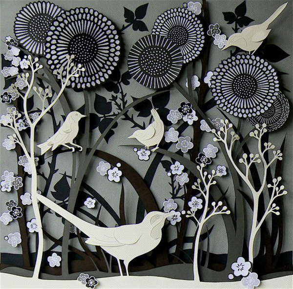 Hedgerow Birds1 550x543 Hand cut paper scenes, sculptures and collages, lovely artworks from Helen Musselwhite