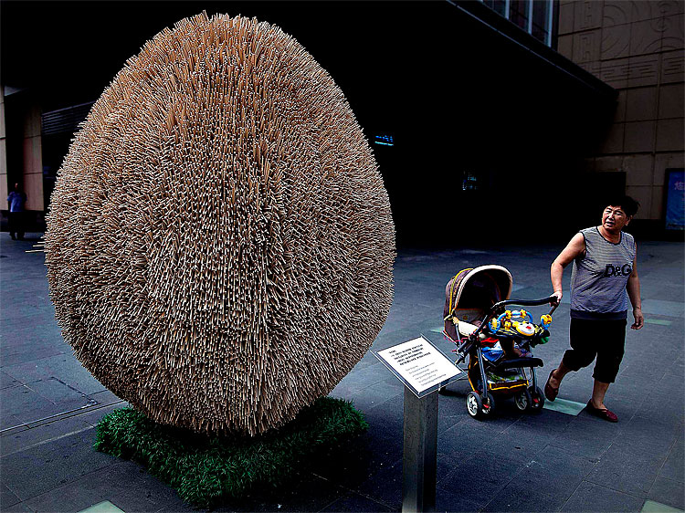 1205 Egg shaped Sculpture Made of Wooden Chopsticks