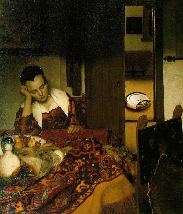 vermeer.girl asleep roomba 750x876 Girl asleep and a Roomba – Classic Artworks Revisited Series // by Luigi di Silvanni
