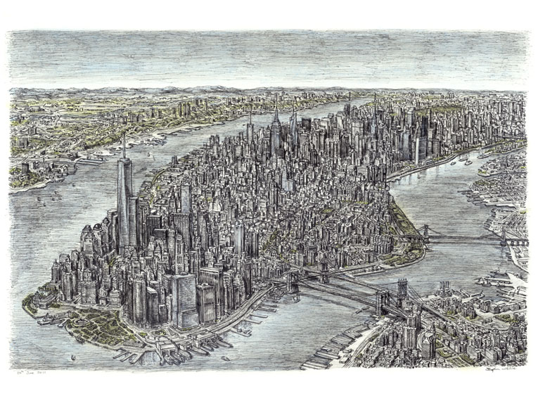 1004 hard Aerial view of Manhattan Skyline 2011.  Drawn entirely from memory.