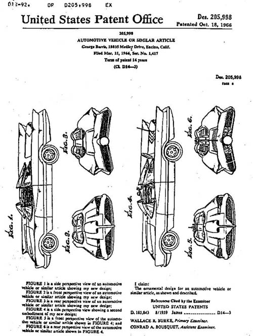 Original 1966 Batmobile Design Patent 162006134648patent Original 1966 Batmobile Design Patent