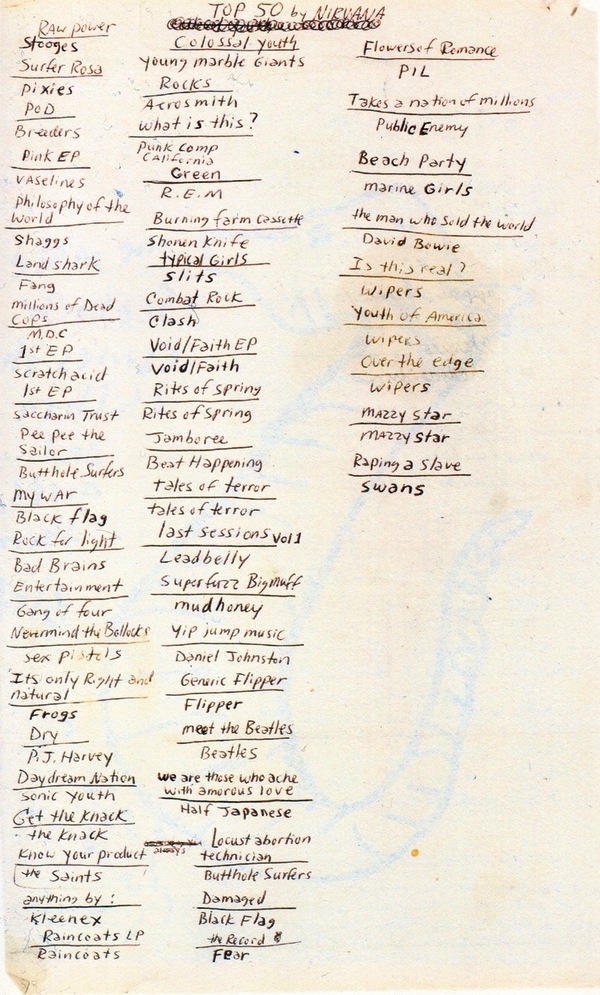  Kurt Cobain’s Handwritten Top 50 Albums List