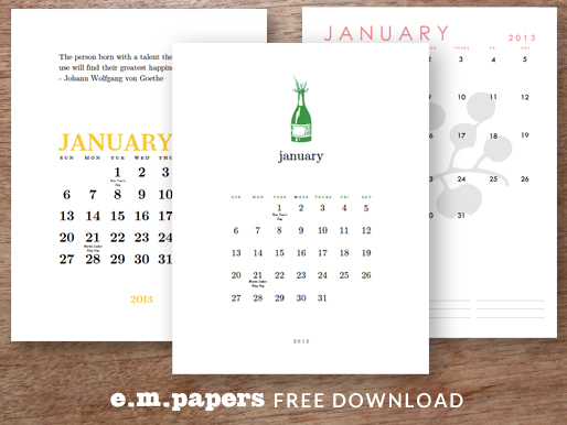 january2013 freecal 514px Free January 2013 Printable Perpetual Calendar Downloads From e.m.papers