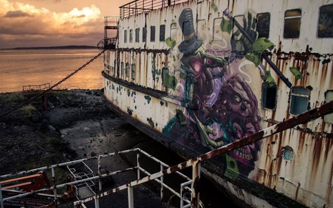 Huge Abandoned Ship Transformed into a Mind Blowing Graffiti Gallery Huge Abandoned Ship Duke Of Lancaster Transformed into a Mind Blowing Graffiti Gallery 10 @ GenCept 650x406 Huge Abandoned Ship Transformed into a Mind Blowing Graffiti Gallery