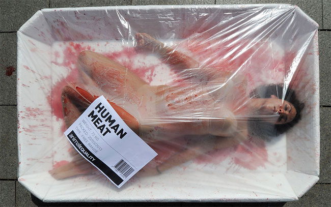 Vegetarian Activists Push Message with Semi Naked Women in Bloody Meat Packaging 019 Vegetarian Activists Push Message with Semi Naked Women in Bloody Meat Packaging