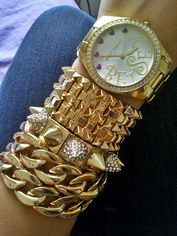 35 Gorgeous Watch Bracelet Combinations to Wear golden studded watch bracelet 35 Gorgeous Watch Bracelet Combinations to Wear