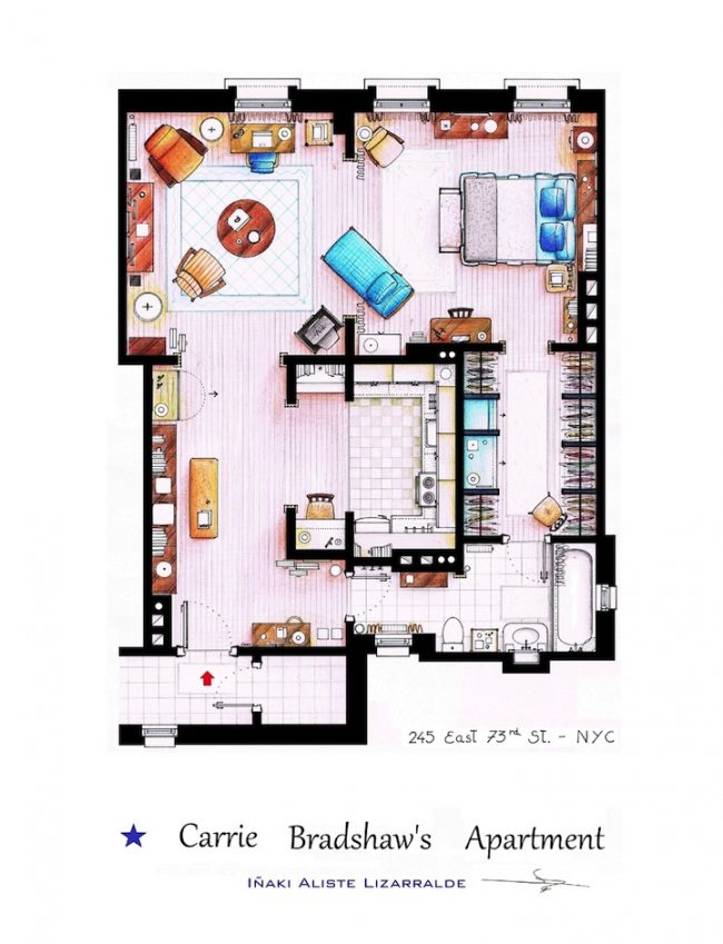 Hand Drawn Floor Plans of Popular TV Show Apartments and Houses inakialistelizarraldesexandthecity6 650x849 Hand Drawn Floor Plans of Popular TV Show Apartments and Houses