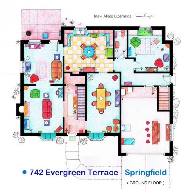 Hand Drawn Floor Plans of Popular TV Show Apartments and Houses inakialistelizarraldethesimpsons1 650x650 Hand Drawn Floor Plans of Popular TV Show Apartments and Houses