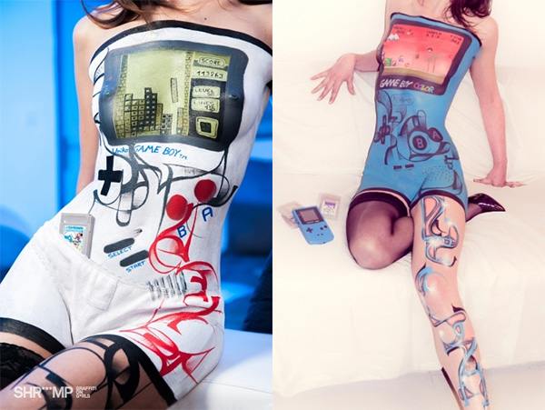 gameboy color body paint Game Boy vs Game Boy Color Lady Graffiti Body Paint