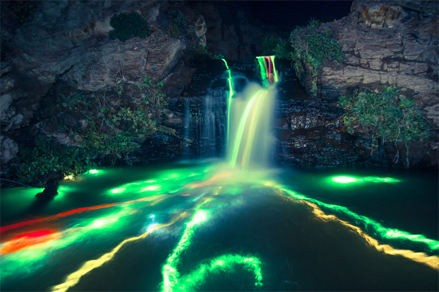 waterfall 1 Long Exposure Neon Waterfalls by Sean Lenz & Kristoffer Abildgaard