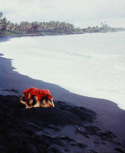 03 Black sand beach made by waves battering volcanic rock on the Big Island Hawaii 1959 Wonderful Color Photographs of Life in Hawaii in 1959
