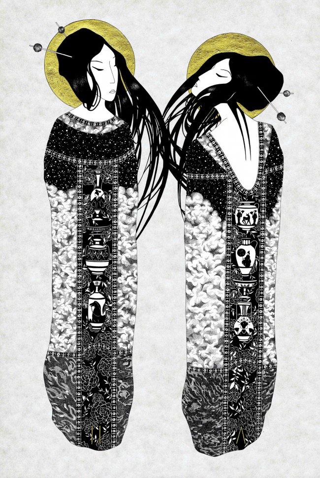 helen vine … little mummy ladies 650x970 Black Ink and Bits of Gold: Cosmic Images by Helen Vine