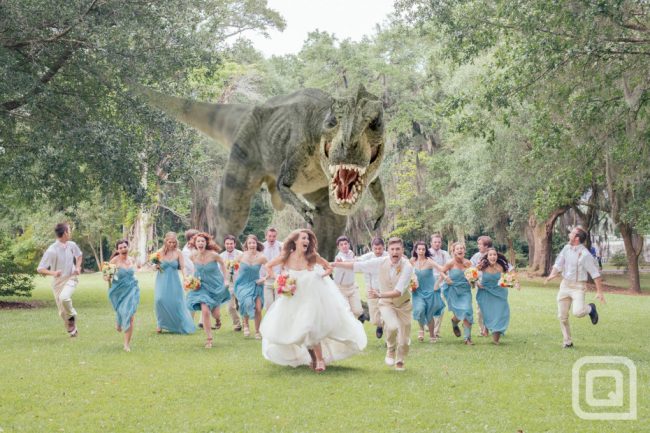 t rex wedding photo 930x620 650x433 Wedding photographer shoots a wedding party running away from a T Rex