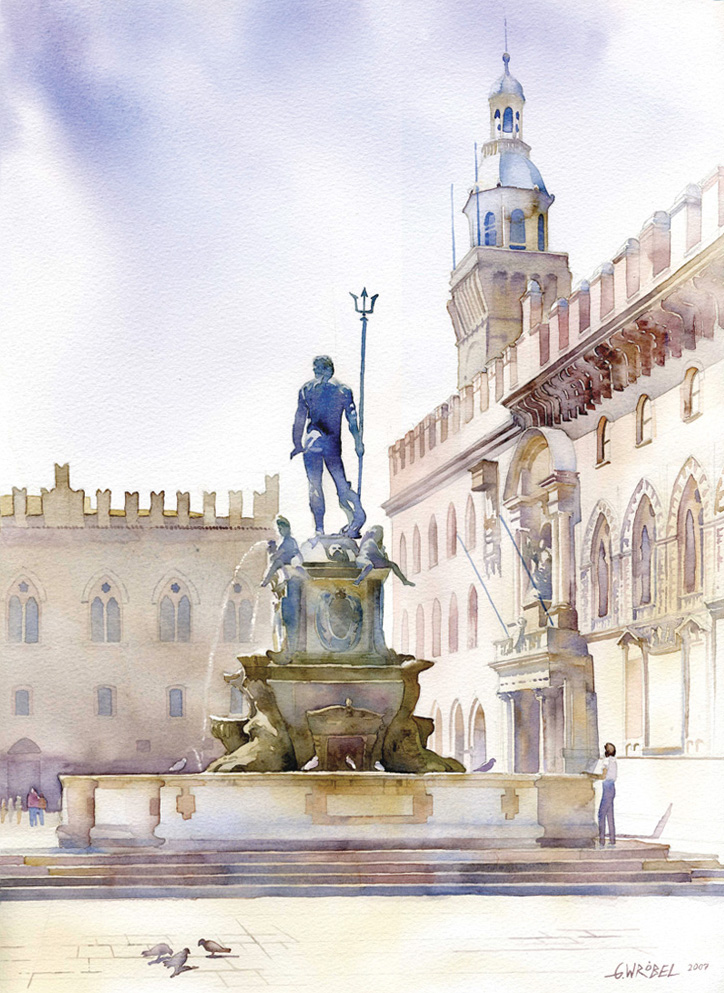 Piazza del Nettuno by GreeGW Watercolor by Grzegorz Wróbel