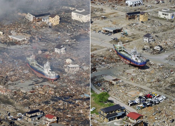 Ship Swept Away In Tsunami Remains In Debris Covered Residential Area In Japan