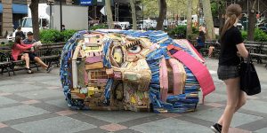 There’s A Big Head Made From Reclaimed Wood And Found Objects Lying In A Park In New York