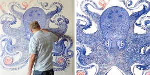 Artist Spends Entire Year Drawing Giant Octopus Using Only Discarded Ballpoint Pens