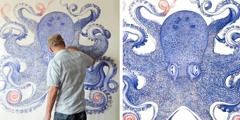 Artist Spends Entire Year Drawing Giant Octopus Using Only Discarded