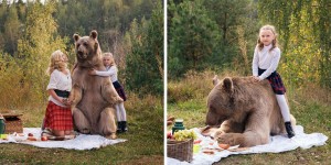Real Life Teddy Bear’s Picnic: Model and Her Daughter Pose in Cute Snaps with Huge Brown Bear