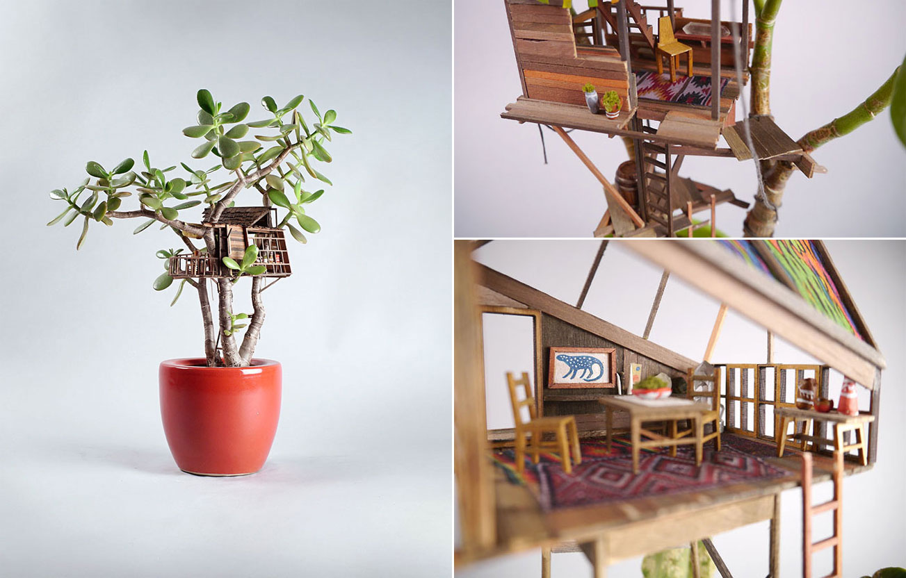 Artists Builds Tiny Tree Houses Around Common House Plants And Its