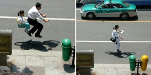 A Collection Of Images Where Bicyclists Float Along City Streets With Invisible Bikes