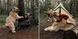 Here Comes The Bear: Fairytale-Like Photos Of Russian Family Playing With A Real Bear In The Forest