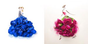 Elegant Drawing Of Girls Wearing Dresses Made Of Real Flower Petals