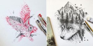 Pen & Ink Depictions Of Trees Sprouting into Animals By Alfred Basha