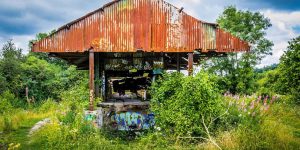 Series Of Shots Show The Abandoned Bare Steel Infrastructure Of The Bushfield Army Training Camp In UK During WWII