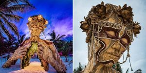 A Towering Wooden Sculpture By Daniel Popper Welcomes Beachgoers In Tulum