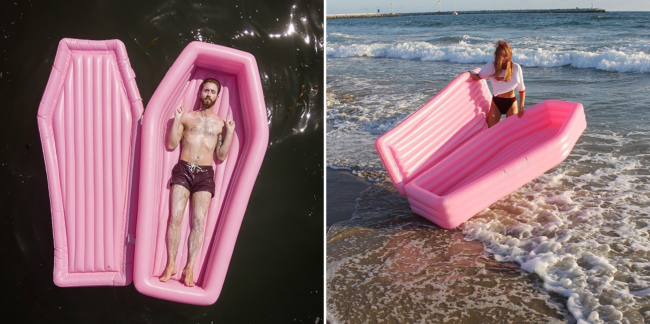 New Trending Summer Fun - A Pink Coffin Pool Float With Lid.