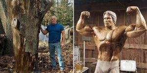 Sculptor Creates A Life-Size Statue Of Arnold Schwarzenegger Out Of Tree Trunk