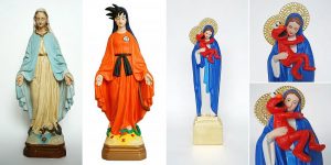 Artist Re-Reading Damaged Images Of The Virgin Mary Transforming Them Into Icon Characters Of Pop Culture