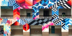 Striking Three-Dimensional Interventions by Mr. June Layer Geometric Paintings Onto Architectural Elements