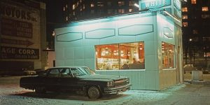 Parked Cars Under Streetlamps In 1970s New York City