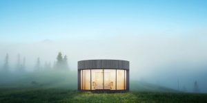 This Is A Tiny Prefab Cabin With A Retractable Curved Window