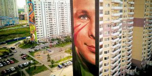 A Giant Cosmonaut Yury Gagarin Lands On A Mural Outside Moscow, Russia