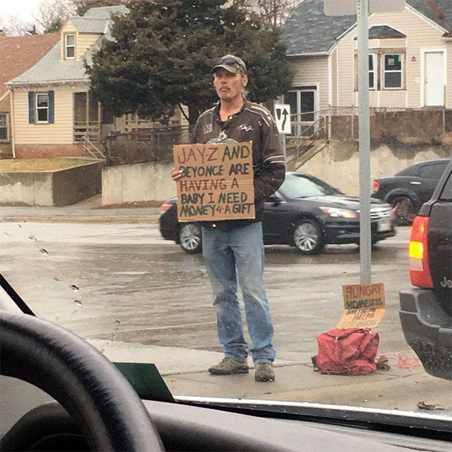 beggar with sign funny