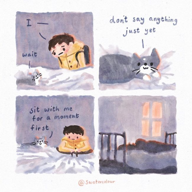 Artist Draws Wholesome Watercolor Comics Where A Cat Is Giving Out ...