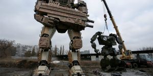 Enthusiasts Are Installing Transformer Robots Made of Waste Car Components in The City of Donetsk, Ukraine