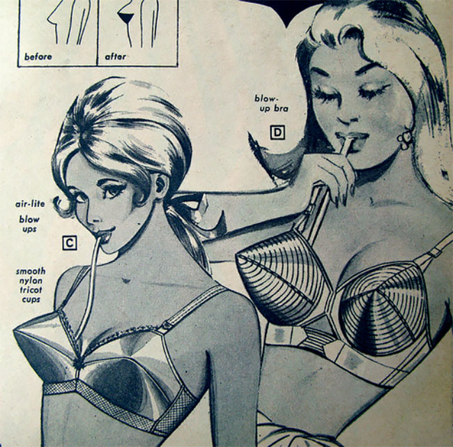 Vintage inflatable bra ads from the 1950s and 1960s. The “Trés Secret” inflatable  bra went on sale in the early 1950s. Each cup con