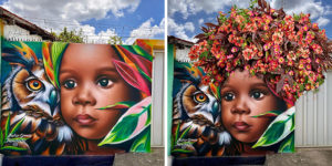 Brazilian Street Artist Continues To Paint Portraits On Walls Next To Trees That Double As Hair