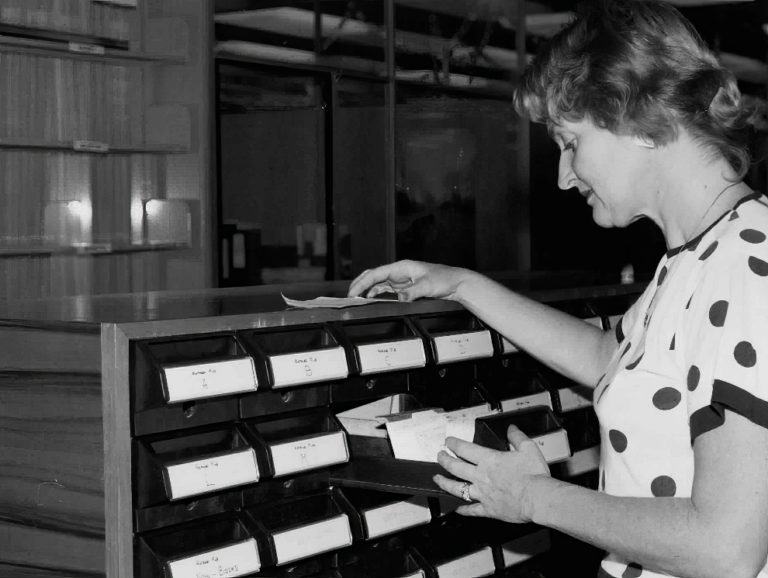 Vintage Photographs of People Using the Card Catalog at the Library in