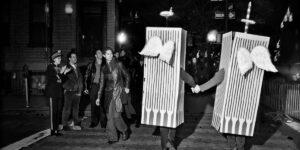 Two People Dressed as the Twin Towers at the Halloween Parade in Greenwich Village, New York City, 2001