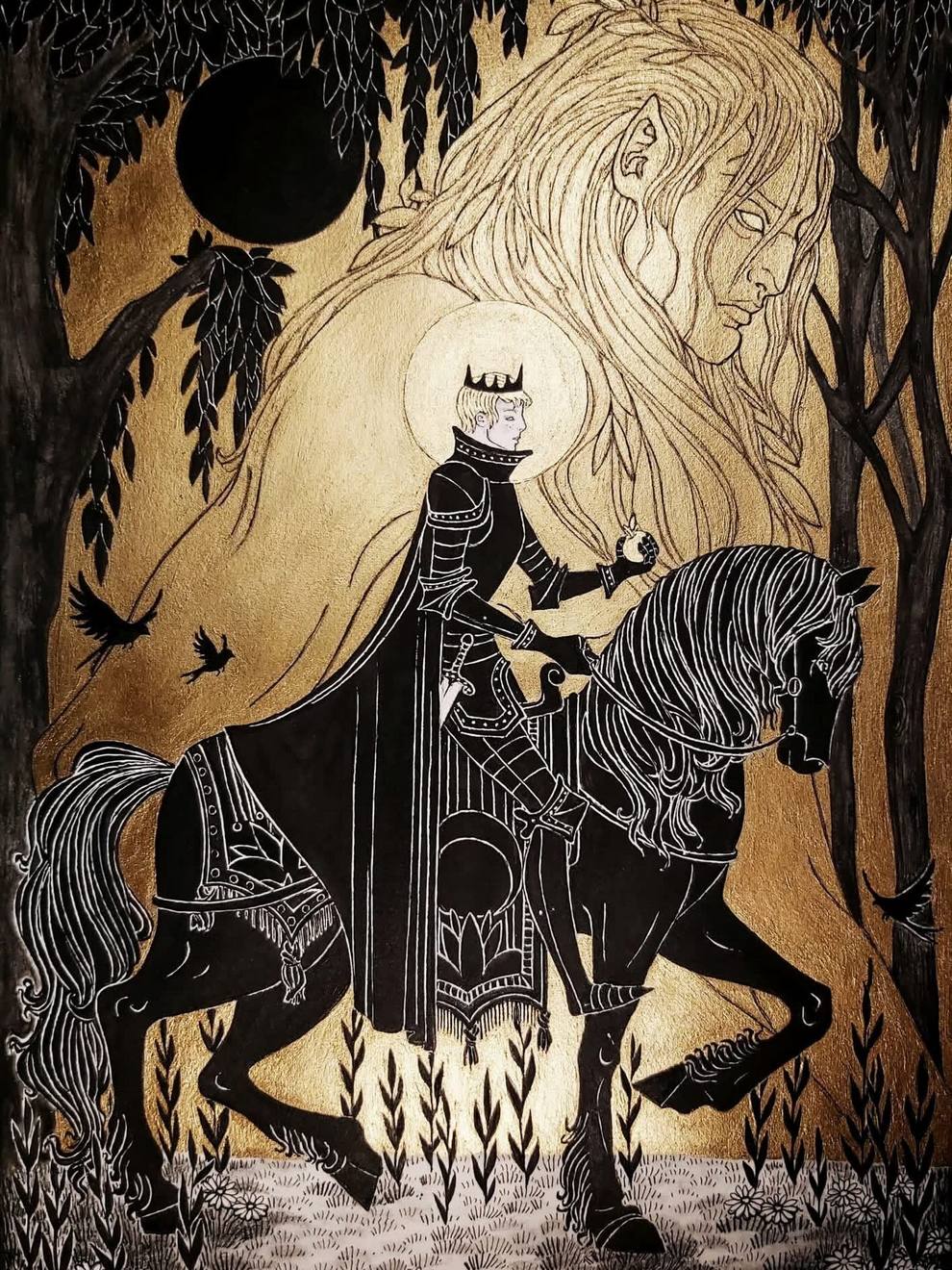 فنان يرسم خيمرات أسطورية وطيوف محاربين في رسوم مسطّحة على طريقة بيردسلي — جسر بين العصور القديمة والسريالية المعاصرة