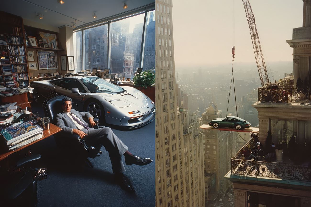 سلسلة وول ستريت الفيروسية بصبغة الذكاء الاصطناعي
فيراري في المكاتب، تاريخ فوتوغرافي مُختلق، وأساطير مؤسسية بطابع رجعي